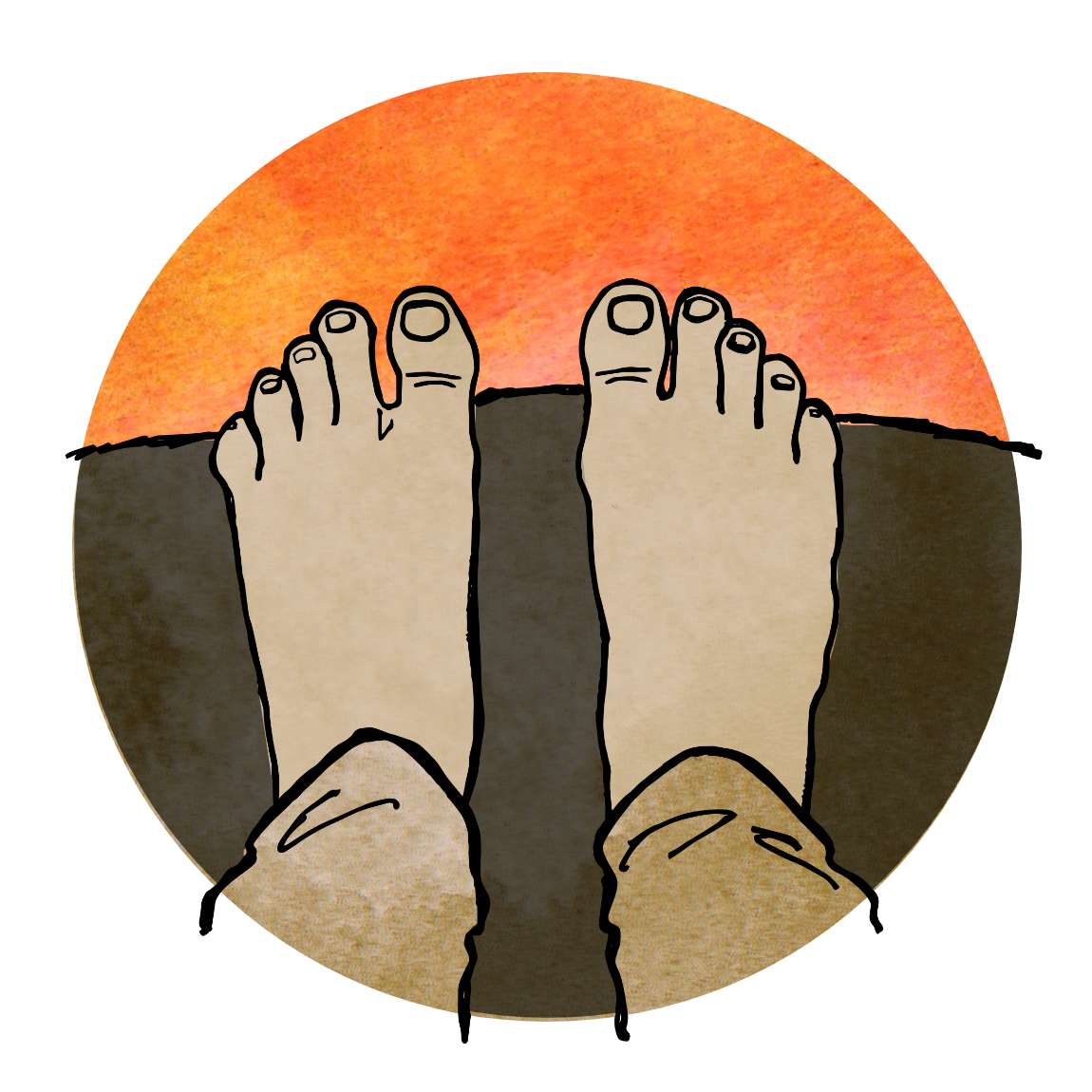 An illustration of two bare feet standing at a precipice, viewed as if looking down at oneʻs own feet against a background of deep orange.