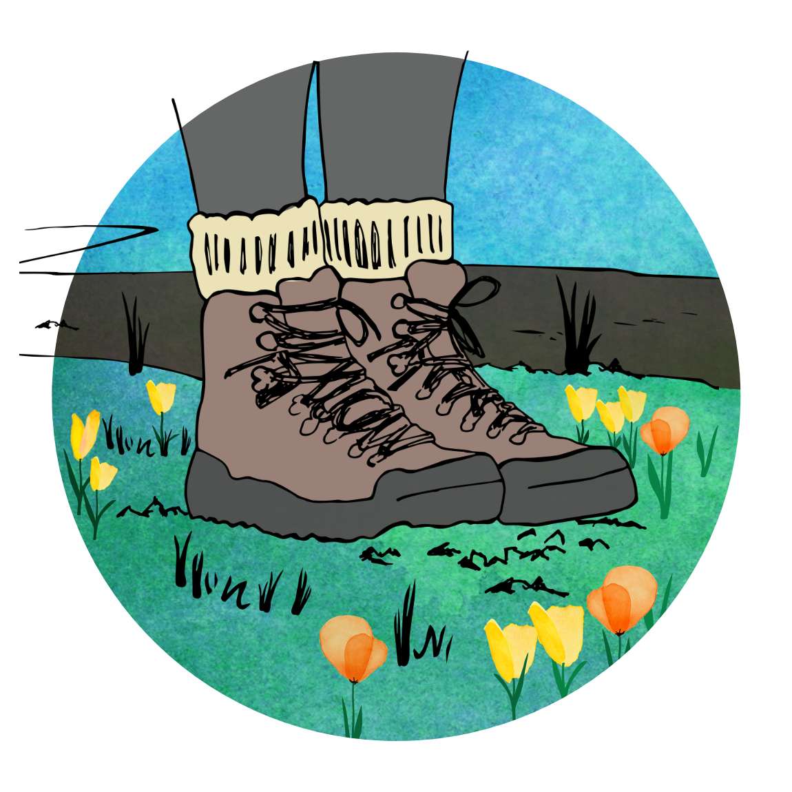 An illustration of two feet wearing well-fitted hiking boots and socks, standing firmly on a green, grassy patch surrounded by orange and yellow blossoms, against a blue background.