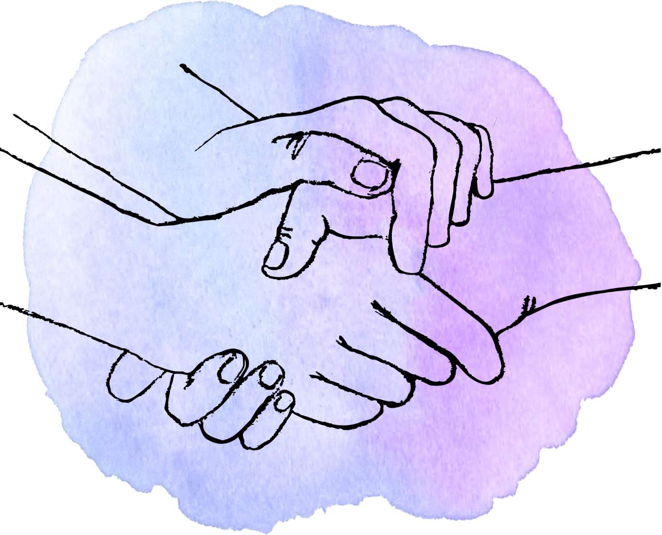 A line drawing of two hands embracing and holding another.