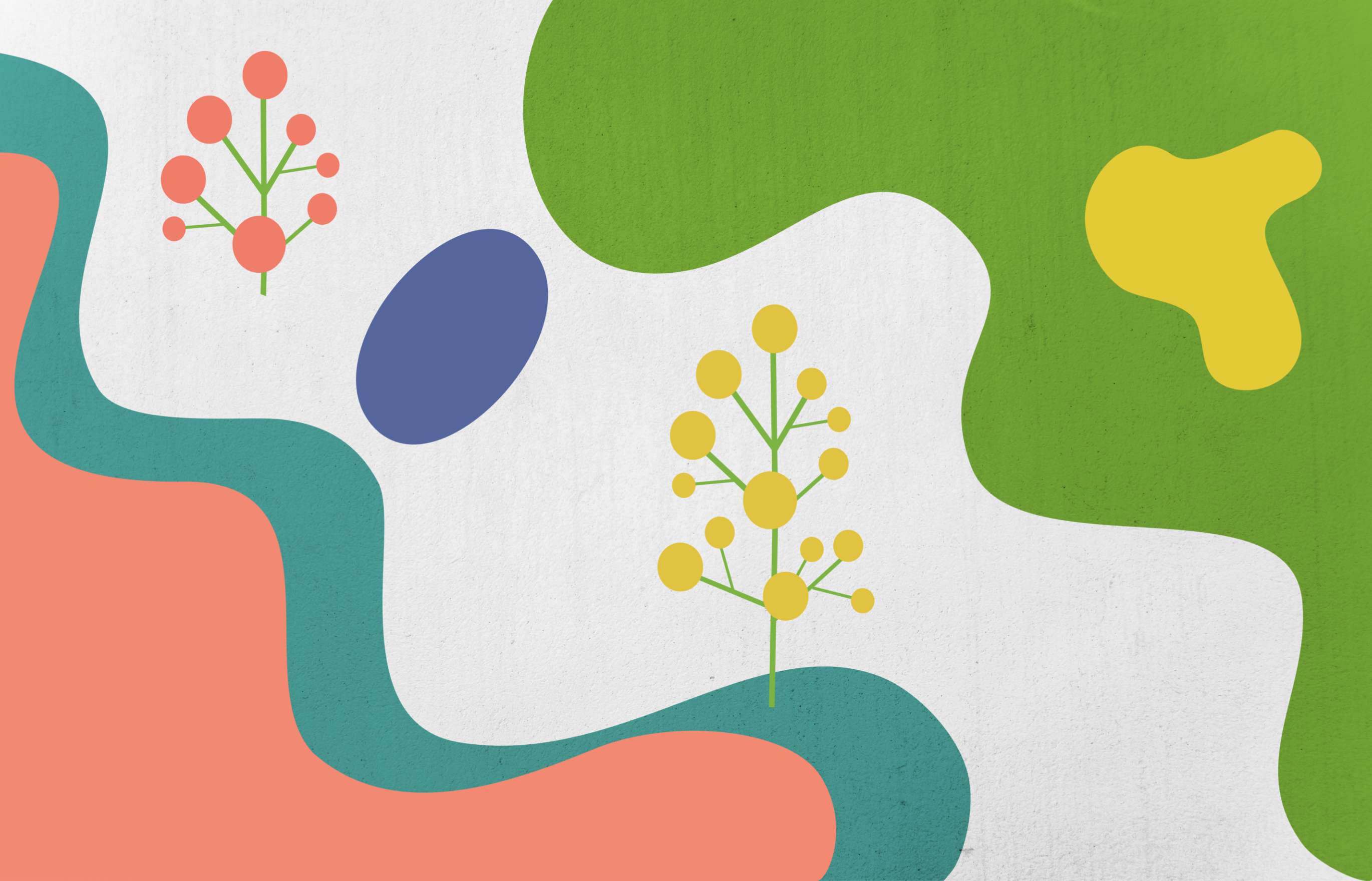 An flowing, abstract illustration in salmon, turquoise, green, and yellow, constructed of shapes that suggest growing plants amid a rolling terrain.
