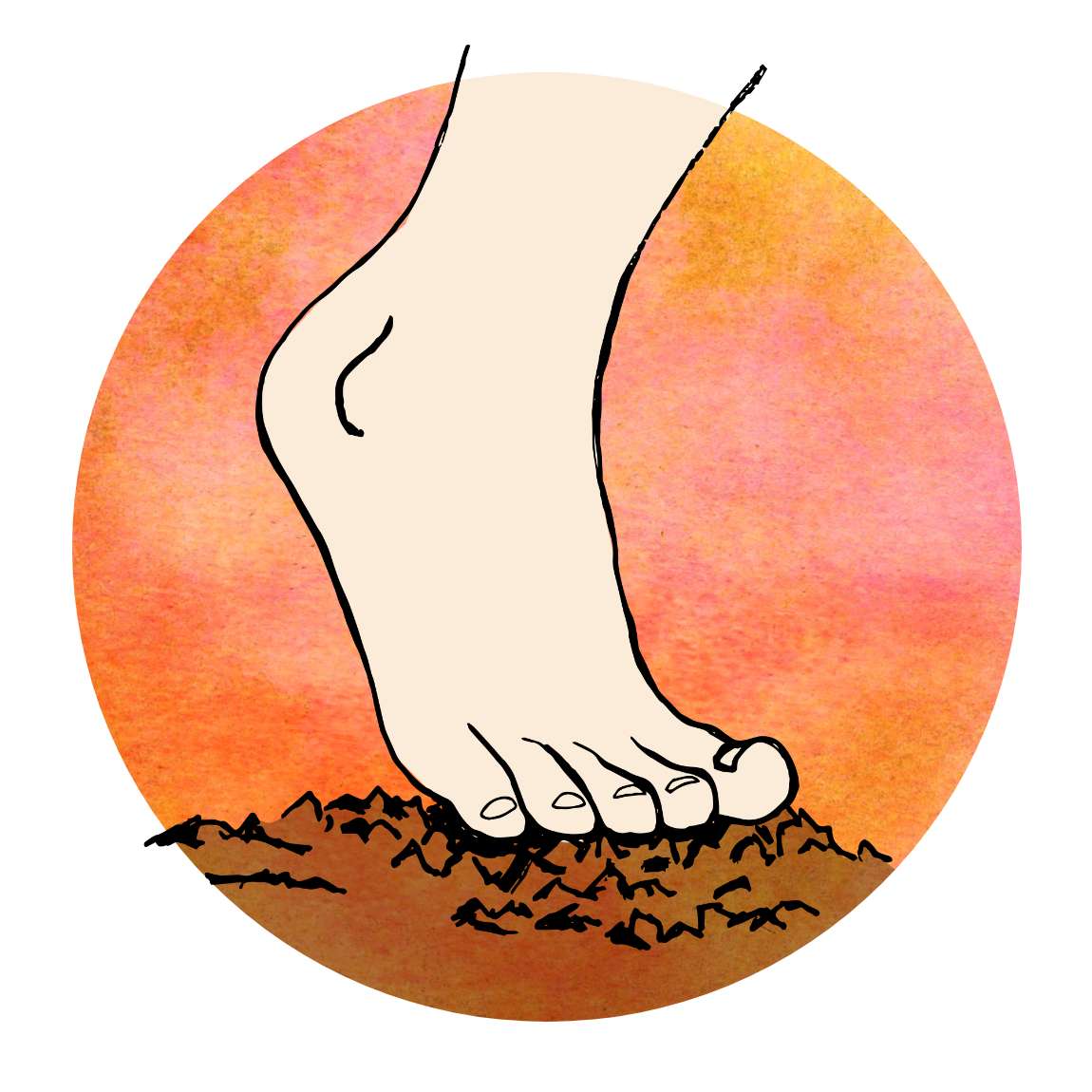 An illustration of a bare foot treading on rough ground against a background of orange and pink hues.