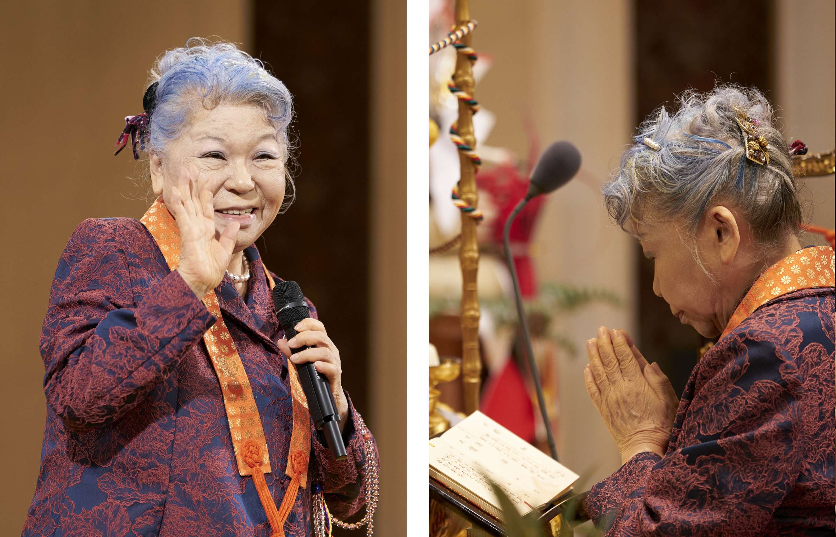 <em>(Left)</em> A gray-haired Japanese woman in a plum colored jacket decorated with a delicate floral pattern, with a vermillion surplice around her neck, smiles joyfully and waves her right hand, as she speaks into a microphone held in her left hand; a strand of prayer beads is visible hanging from her left forearm. (Right) A gray-haired Japanese woman dressed in a plum colored coat with a vermillion surplice around her neck, sits, hands folded, solemnly praying before an ornate altar laden with offerings.
