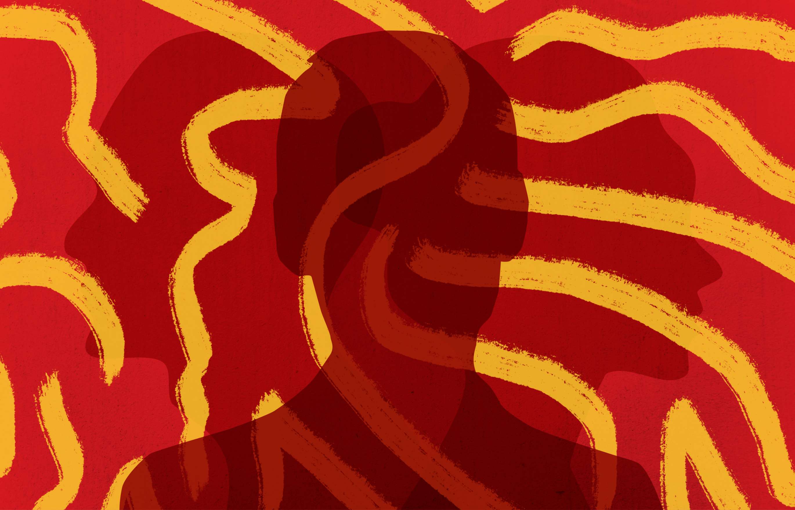 An illustration depicting the overlapping silhouettes of three people, two in profile, and one facing directly ahead, atop a red and yellow patterned background.