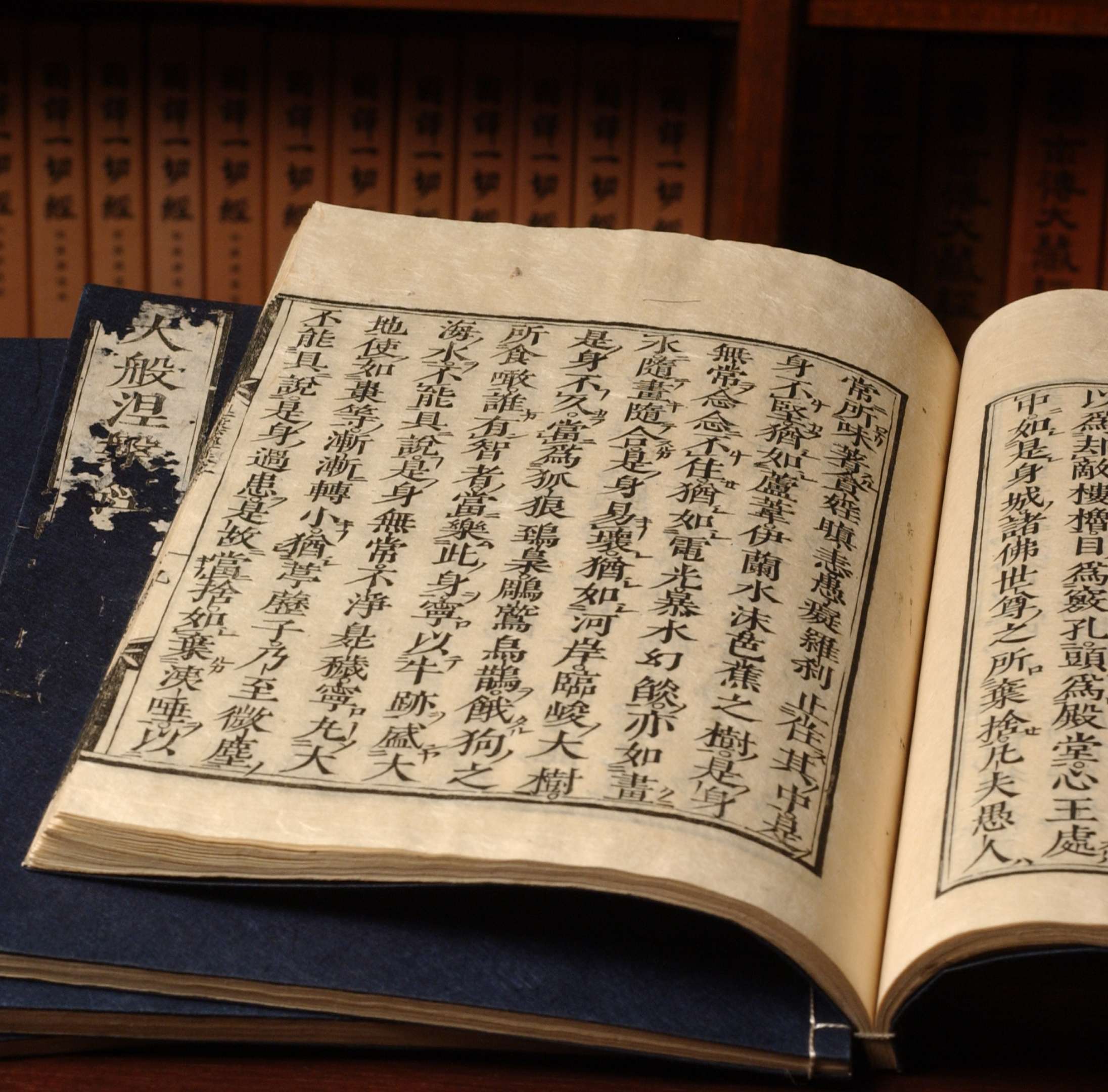 A volume of the Buddhist Canon sits opened to a page filled with vertical rows of Chinese characters.